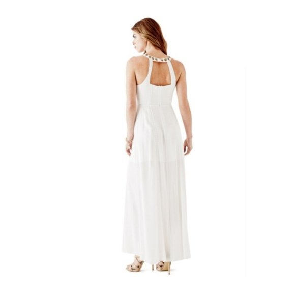 “Guess” Off-White Gold Studded Halter Maxi Dress with Back Cut-outs Size 8 - Picture 3 of 10
